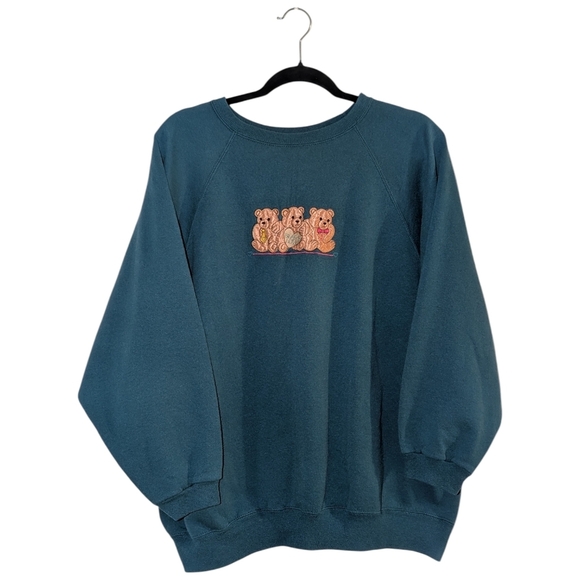 2X • Vintage • 90s Teal  Crewneck Sweater With Satin Bear Patch & Embroidery - Picture 2 of 8